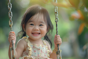 Portrait of a 4-5 year old girl playing on a playground, swinging on a swing