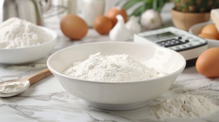 A bowl of flour sits next to some eggs and a calculator on a table