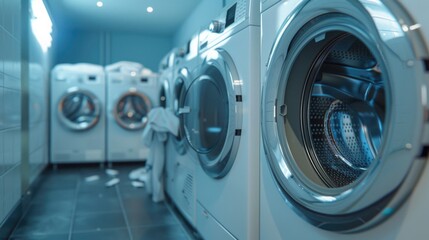 Row of washing machines and dryer in a modern laundry room