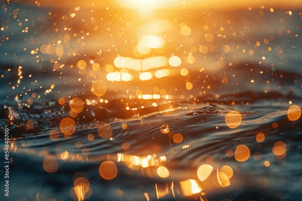 Poster a close-up view of a wave in the ocean during sunset, with warm colors and texture