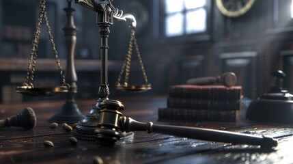 A wooden table with a metal scale and a hammer on top, suitable for use in a workshop or office setting