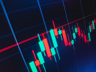 Closeup financial chart with candlestick graph in stock market on monitor background. stock exchange graph or stock market background.