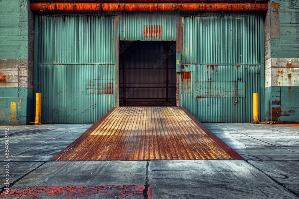 Poster a door opening in an industrial building setting with metal and concrete architecture