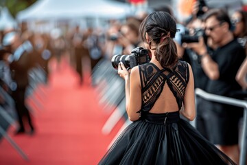 Fototapeta premium A woman takes a photo of a group of people