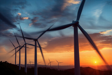 Wind turbines against vibrant sunset sky. Generative AI image