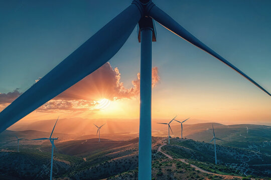 Majestic wind turbines overlooking a sunset landscape. Generative AI image