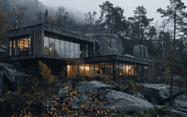 Fototapeta premium modern nordic brutalist architecture, dark wood and glass details, building alone in nowegian forrest mountains
