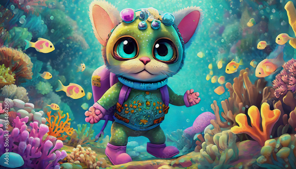 Poster oil painting style cartoon character illustration baby cat Scuba diver exploring a coral reef, fish, coral, sea, underwater