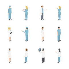 Medical characters isometric set. Doctor and nurse icons isolated on white background.