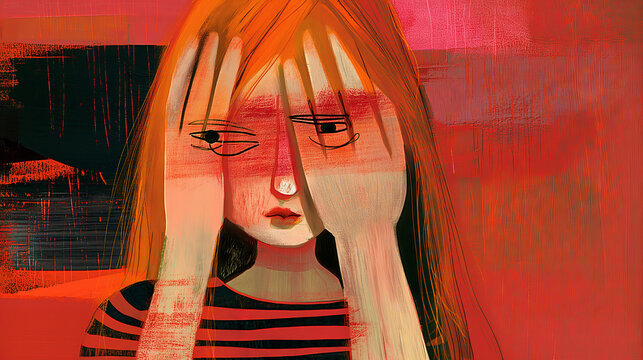 Woman expressing sadness and distress in colorful artwork. Generative AI image