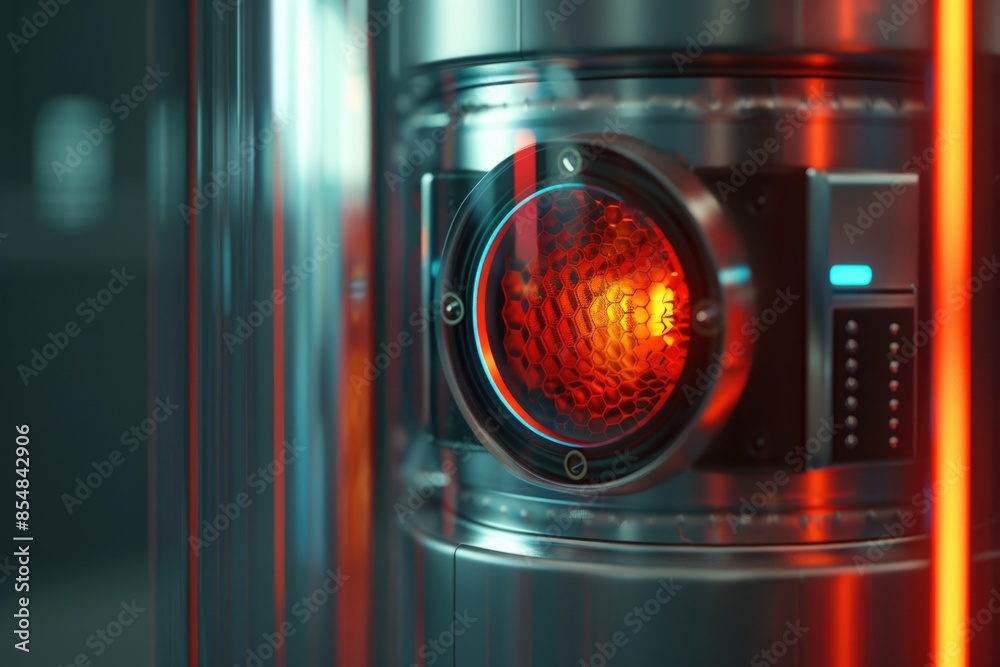 Poster close-up photo of a metal object lit by a red glow