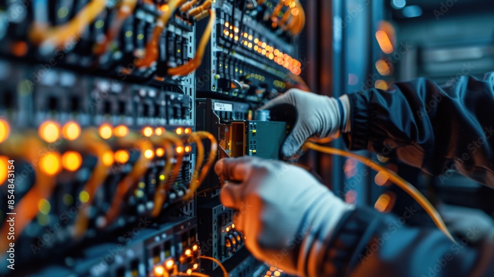 Poster A person working on a server in a computer room