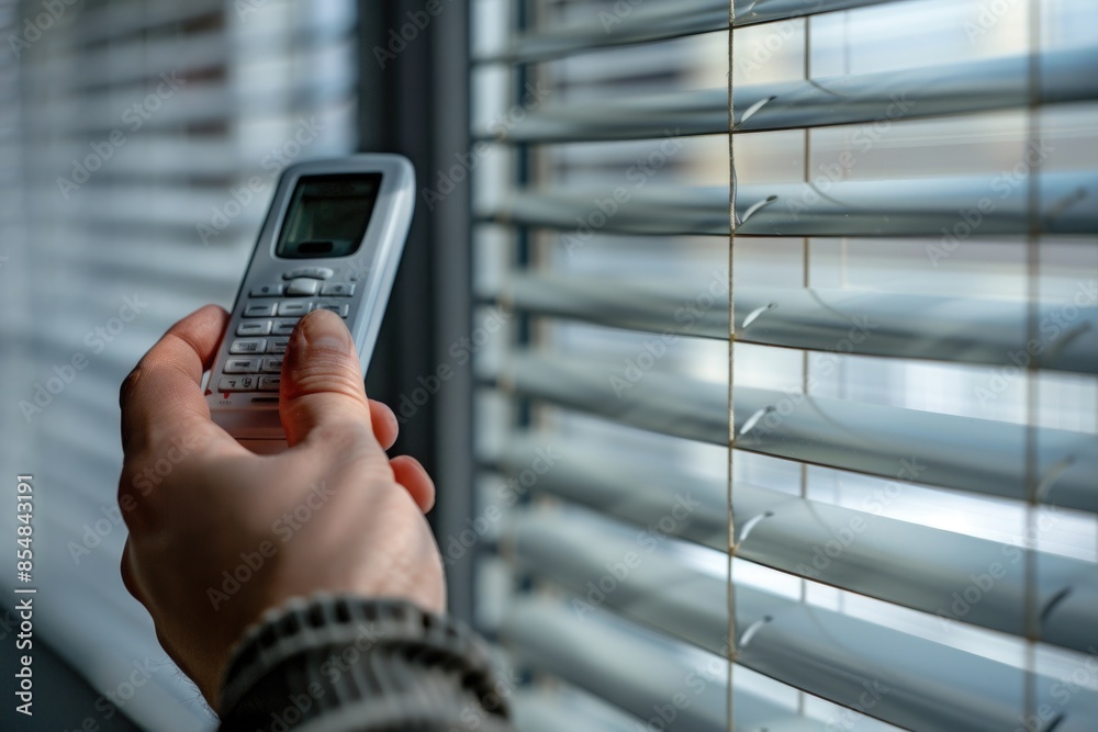 Aufkleber A person is holding a remote control in front of a window, ready to use it