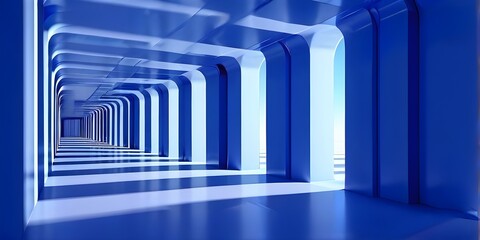 futuristic long empty light corridor in cyan colors with sleek modern design