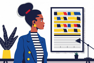 Businesswoman Reviewing Financial Data With Sticky Notes on a Whiteboard. Generative AI