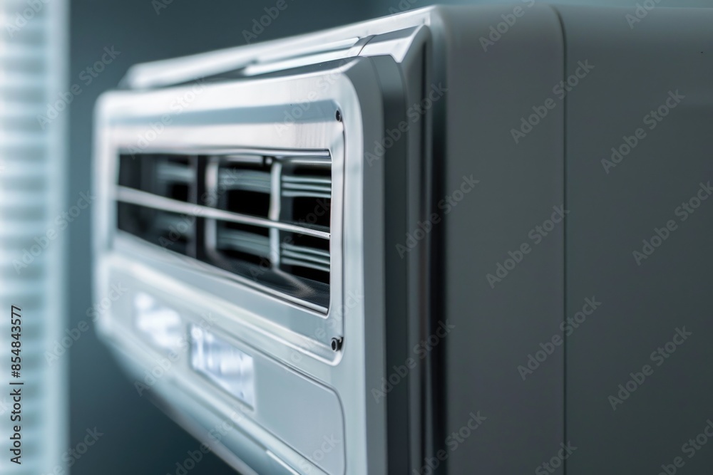 Poster A close-up view of a window air conditioner unit with its features and details visible