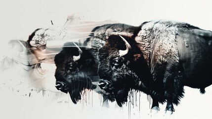 Duotone illustration of Bison And Buffalo