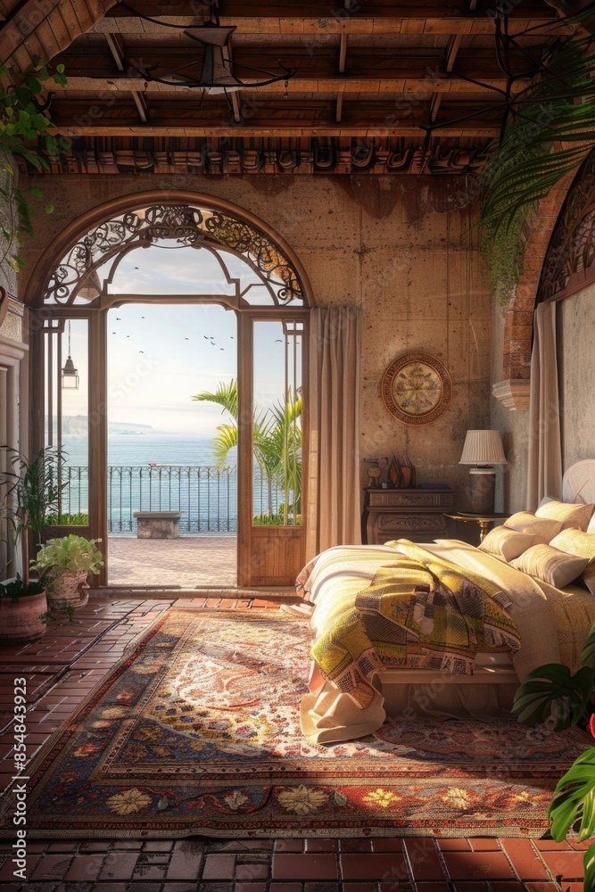 Poster a warm and inviting bedroom with a large window offering a stunning view of the ocean