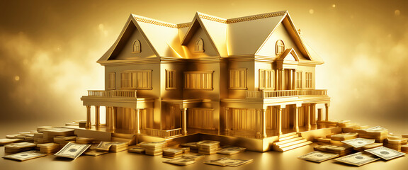  Gold real estate house investment property business on a golden background design. 