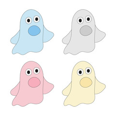 Vector Halloween clipart: cute cartoon ghosts. Little spooky, flat Halloween cartoon character. Cartoon ghosts, scary spooky of different colors. Dead boo isolated.