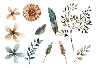 Obraz premium pieces of tropical flowers and leaves watercolor painting