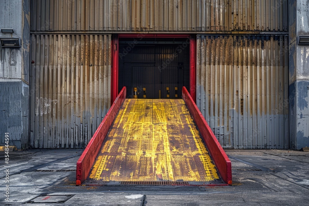 Aufkleber A red and yellow ramp leading into a building with a modern design