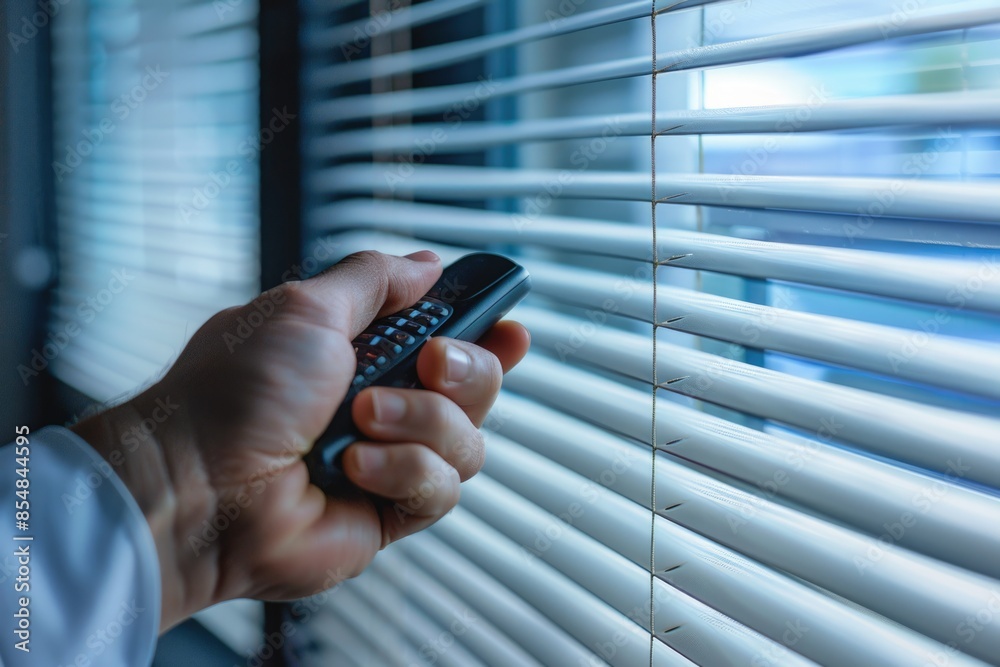 Aufkleber a person holds a remote control in front of a window, possibly changing tv channels or adjusting set