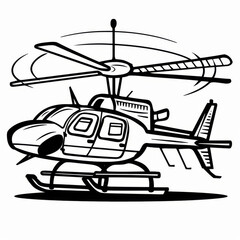 Black and white illustration of a helicopter with rotating blades, captured in detailed line art style.