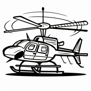 recommend clip art: Black and white illustration of a helicopter with rotating blades, captured in detailed line art style.