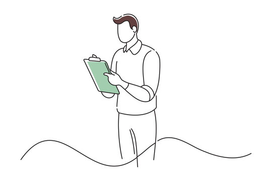 recommend clip art: Male hold on clipboards, doodle continuous line art vector illustration