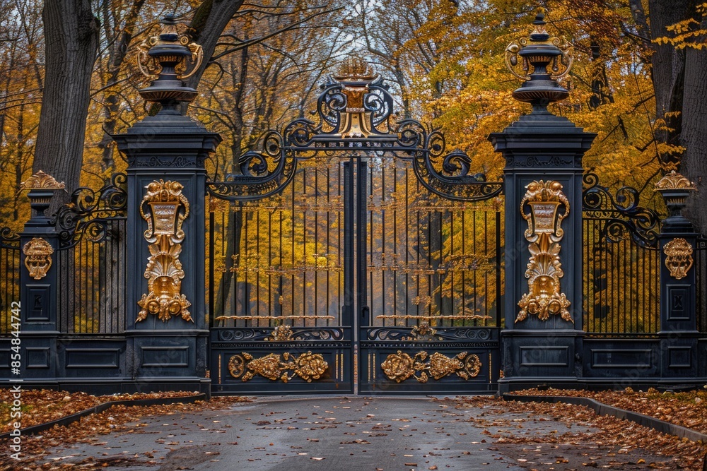 Poster a picture of a black gate with a golden gate handle