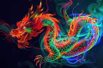 A vibrant neon dragon set against a dark and mysterious black background