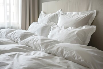 Obraz premium A cozy bedroom scene featuring a bed with white pillows and sheets