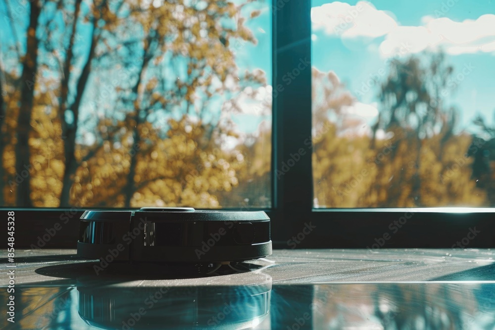 Aufkleber A remote control sits on a table next to a window, possibly used for controlling devices or adjusting settings