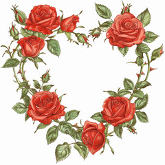 Fototapeta premium Illustration of a frame of red roses in the shape of a heart, isolated on white background, vector