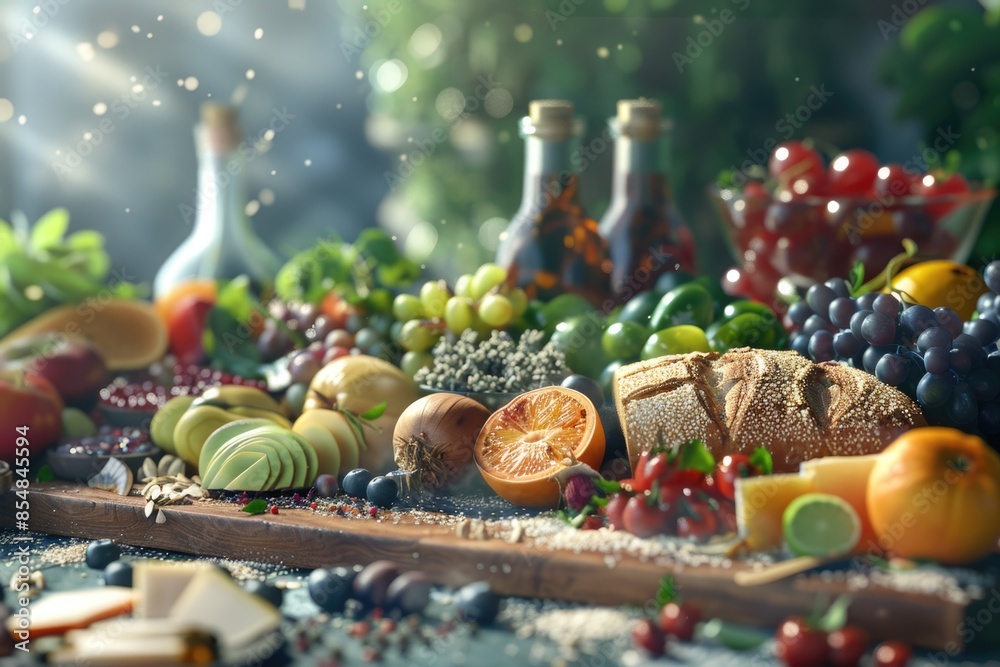Poster assortment of fresh fruits and vegetables arranged on a table