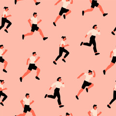 Running people. Cartoon flat style. Cute characters. Sport, jogging, rush, race, ambition, success aspiration, marathon concept. Hand drawn Vector illustration. Square seamless Pattern, background