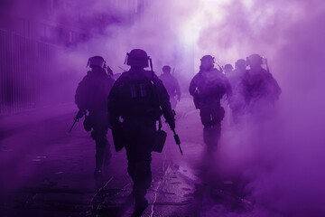 Group of soldiers walking down a city street, uniformed and equipped with military gear