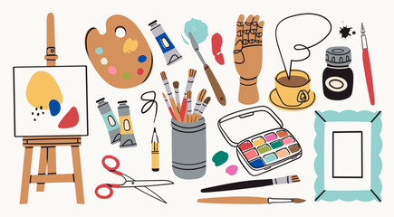 Various art tools, supplies, equipment. Mannequins hand, easel, canvas, scissors, ink, brush kit, pencil, paint palettes, oil tube, watercolor paint. Hand drawn Vector illustration. Isolated elements © Dariia