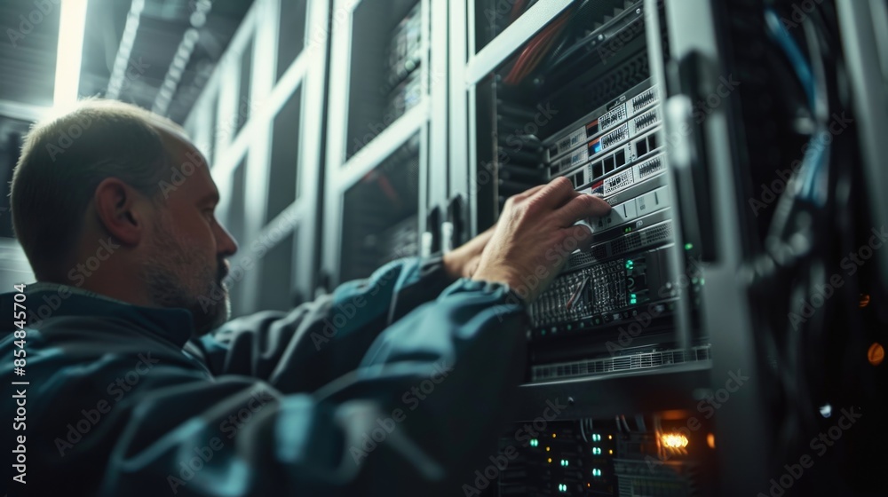 Aufkleber A man works on a server in a controlled environment