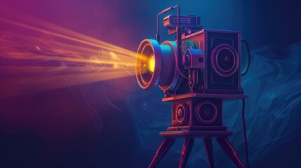 A classic movie projector sitting on a sturdy tripod, ready to screen films