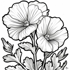 Fototapeta premium Black and white line art drawing of hibiscus flowers, showcasing their delicate petals and leaves in a detailed style.
