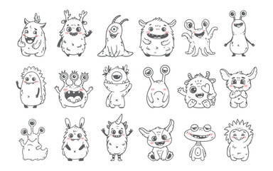 set of funny cute monsters for halloween. Cartoon monster. Space creature. Character in Doodle style. Vector illustration