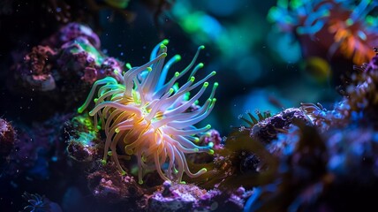 Obraz premium A vibrant sea anemone with glowing tentacles sways underwater, showcasing the colorful beauty of marine life on a coral reef. 