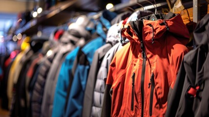 Clothing display with coats and jackets on a store rack, potential use for fashion or interior design