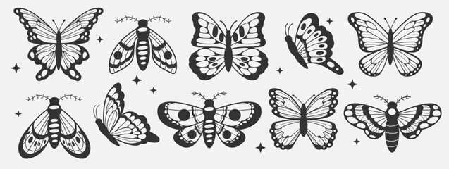 Fototapeta premium Set of abstract outline esoteric month stars in y2k ink style. Butterfly insect in trendy retro 2000s style.