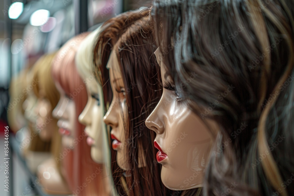 Poster row of mannequin heads displayed on shelves in a retail store, ideal for use in fashion or shopping 