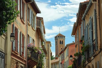 Naklejka premium A quiet street scene with a historic clock tower in the background