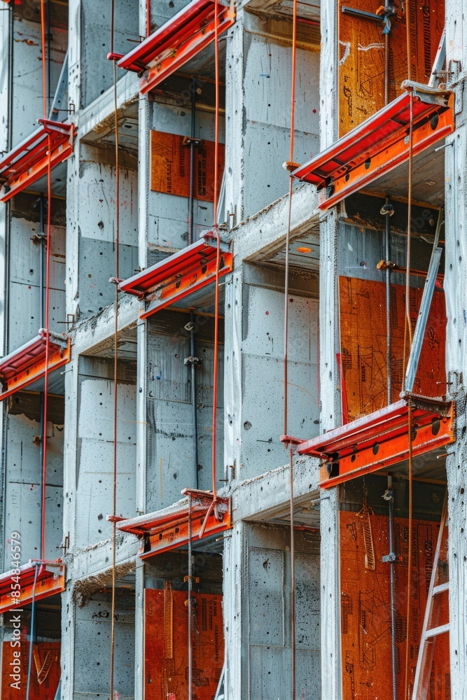 Poster A construction site image showing a building under renovation with scaffolding on one side