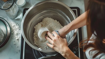 A person preparing food in a kitchen with utensils and ingredients